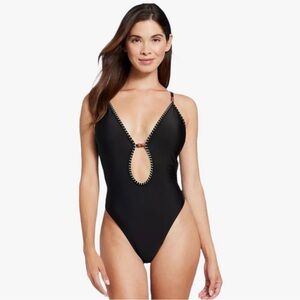 Shade & Shore Black One-Piece Women’s Swimsuit with Plunge Beaded Accents